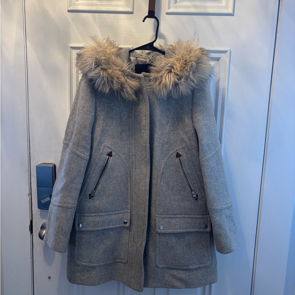 J. Crew gray Coat with Faux Fur Hood